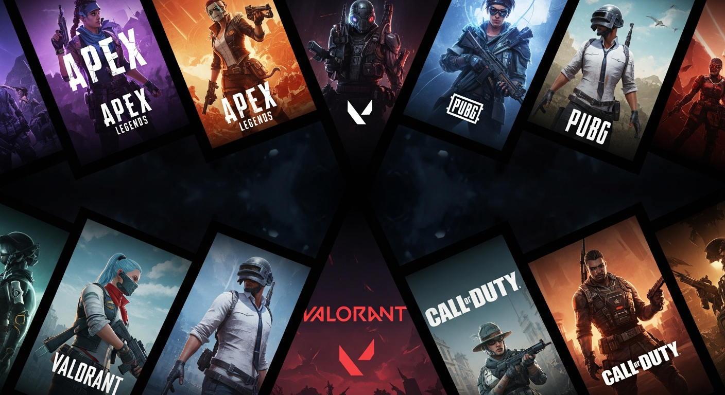 由多款热门游戏海报艺术化拼接而成的、暗黑且富有氛围感的宏大游戏世界背景